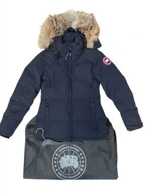 Canada Goose Heritage Chelsea Parka Navy XS w/ Fur Trim, Garment Bag & Hanger